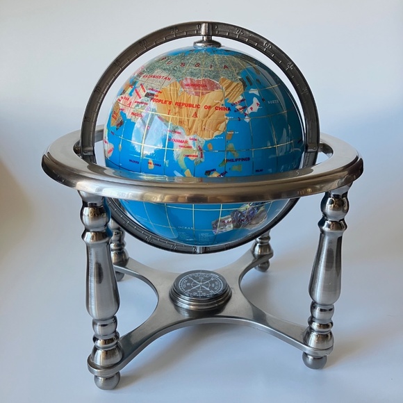 Vintage Gemstones World Globe: Lapis Lazuli Ocean, Silver Metal Stand, Compass - Picture 5 of 17